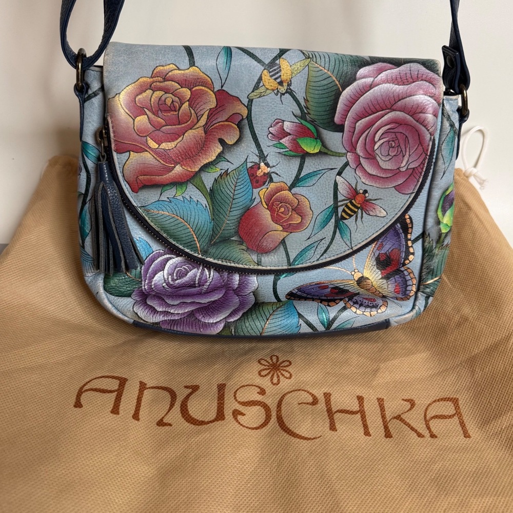 Anuschka Hand Painted Floral Butterfly Leather Shoulder Bag Blue Bug Insect